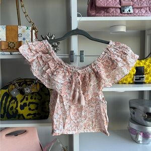 LoveShackFancy Pink Ruffled Tie Front Blouse
